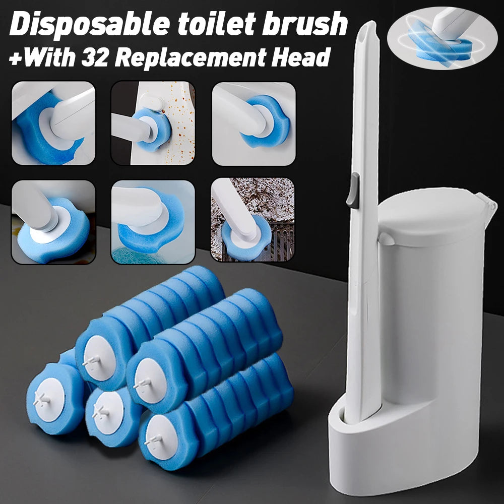 Disposable Toilet Brush Cleaner with 32PCS Brush Head Bathroom Long Handle Cleaning Brush Toilet Accessories